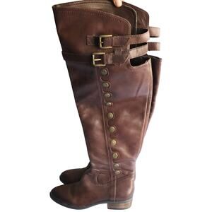 Sam Edelman Womens 7 Brown Leather Pierce Over The Knee Boots Tall Gold Button